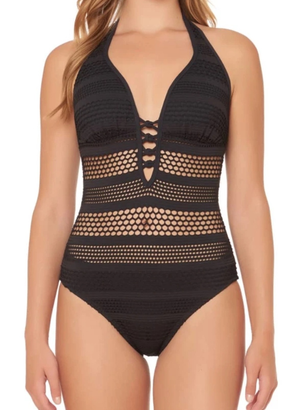 $125 Bleu Rod Beattie Black Crochet Halter One Piece Swimsuit Women's Size 8